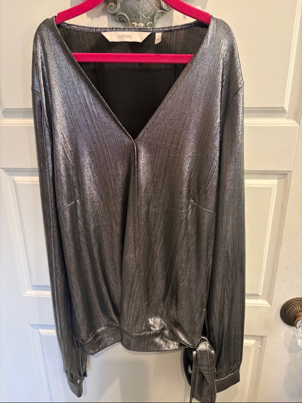 Silver Metallic V-Neck Long Sleeve Blouse